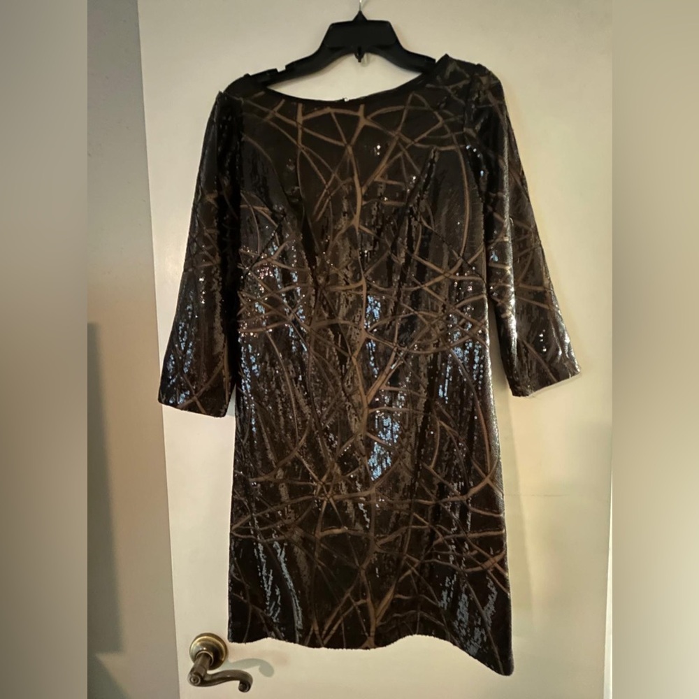 Tadashi Shoji black sequin knee-length dress with nude lining